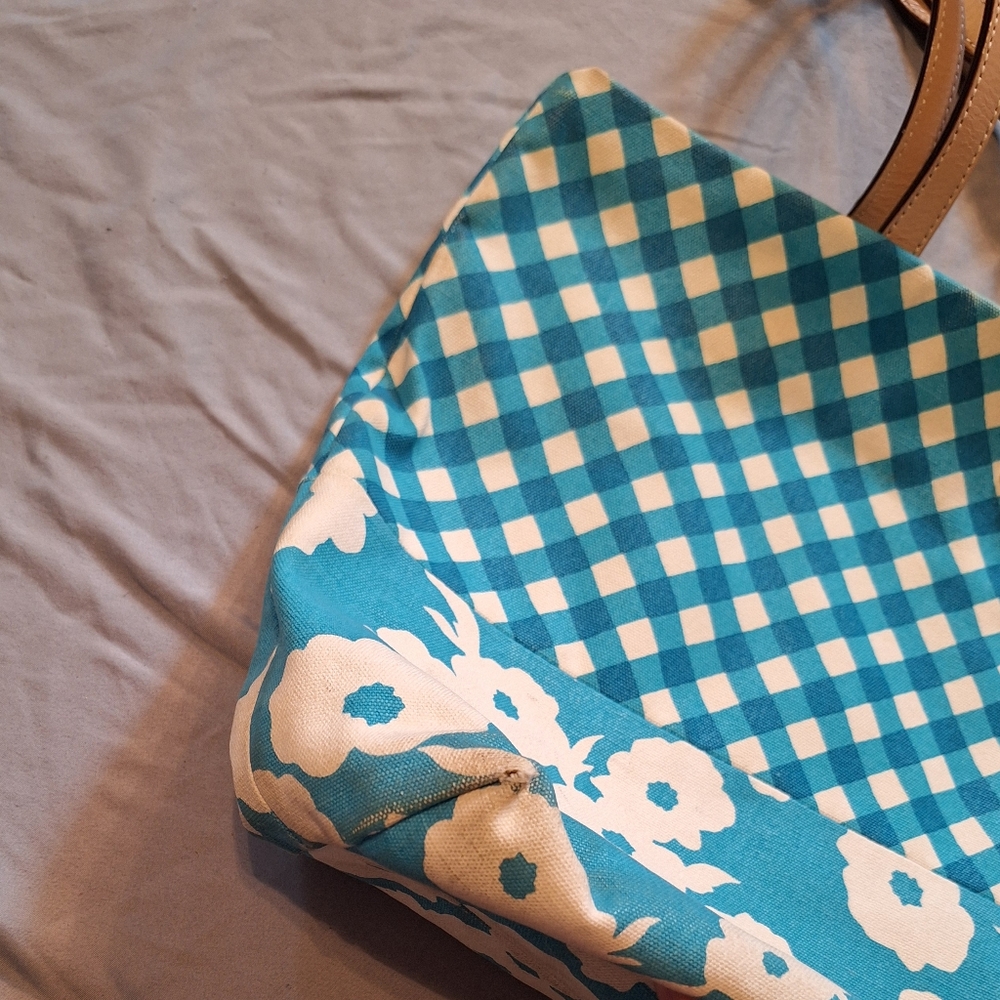 Large Kate Spade Blue Floral and Gingham Tote Bag - Picture 5 of 8